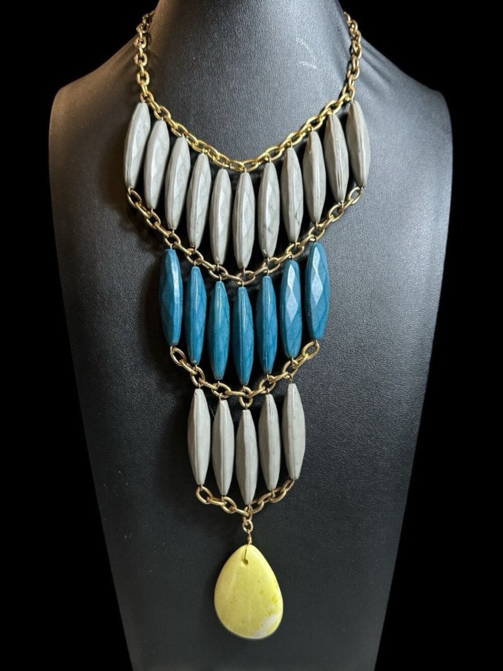 HSN David Aubrey Jasper Statement Necklace Ladder Bib Gold Tone Green Gray Brass